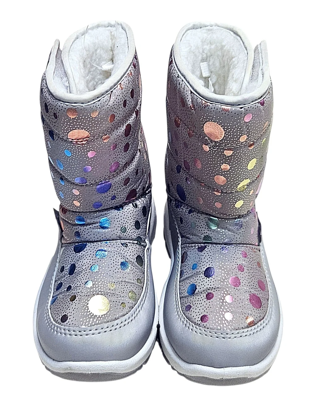 Girls Silver Metallic Rainbow Polka Dot Winter Snow Boots 12 NWOT